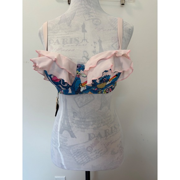 Collectif x Playful Promises Other - Collectif x Playful Promises Toucan Tropical Ruffle Bikini Top Blue Pink US 8